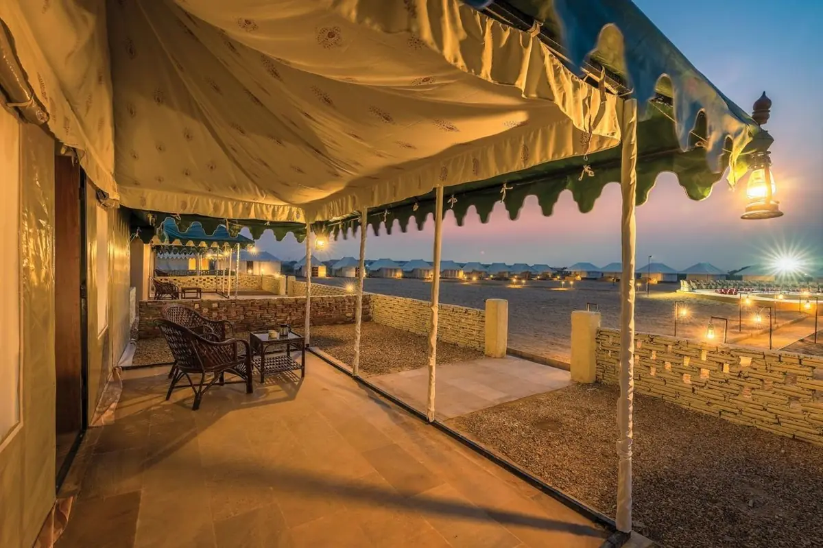 Regal suite verandah looking over the camp at sunset